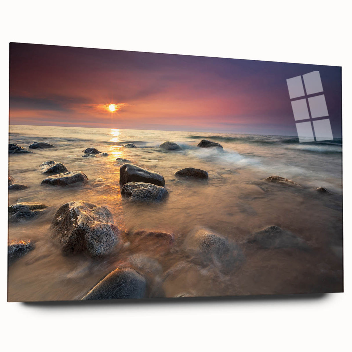 Acrylic print of a large abstract depiction of Michigan's Upper Peninsula in cool blue and green tones.