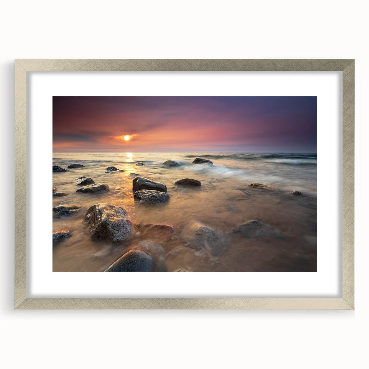 Textured abstract art print of Michigan's Upper Peninsula in muted earth tones, framed in silver, ideal for bedroom art.