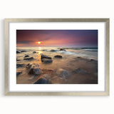 Textured abstract art print of Michigan's Upper Peninsula in muted earth tones, framed in silver, ideal for bedroom art.