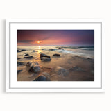 Abstract art print of Michigan's Upper Peninsula in muted earth tones, framed with a white mat.