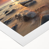 Art deco poster of Michigan's Upper Peninsula scenery, featuring cool blue and green tones on rolled canvas.