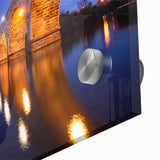 Large abstract wall art of Minneapolis skyline in muted blue and gray on acrylic glass, ideal for dining room decor.