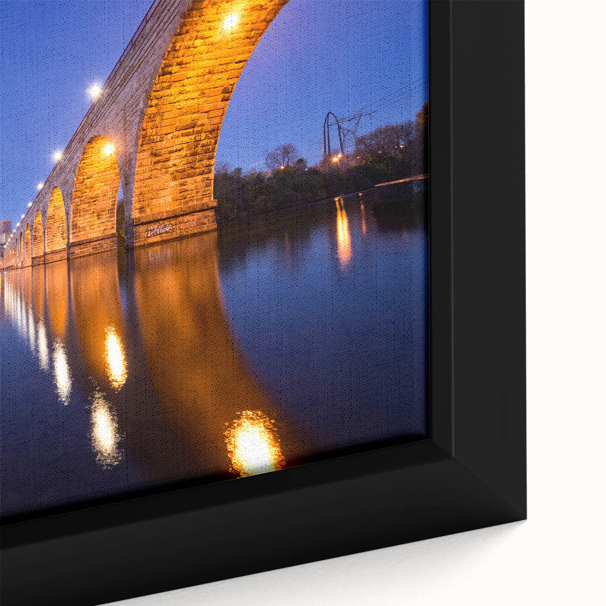 Extra large framed canvas of Minneapolis skyline with textured black and colorful art, ideal for living room decor.