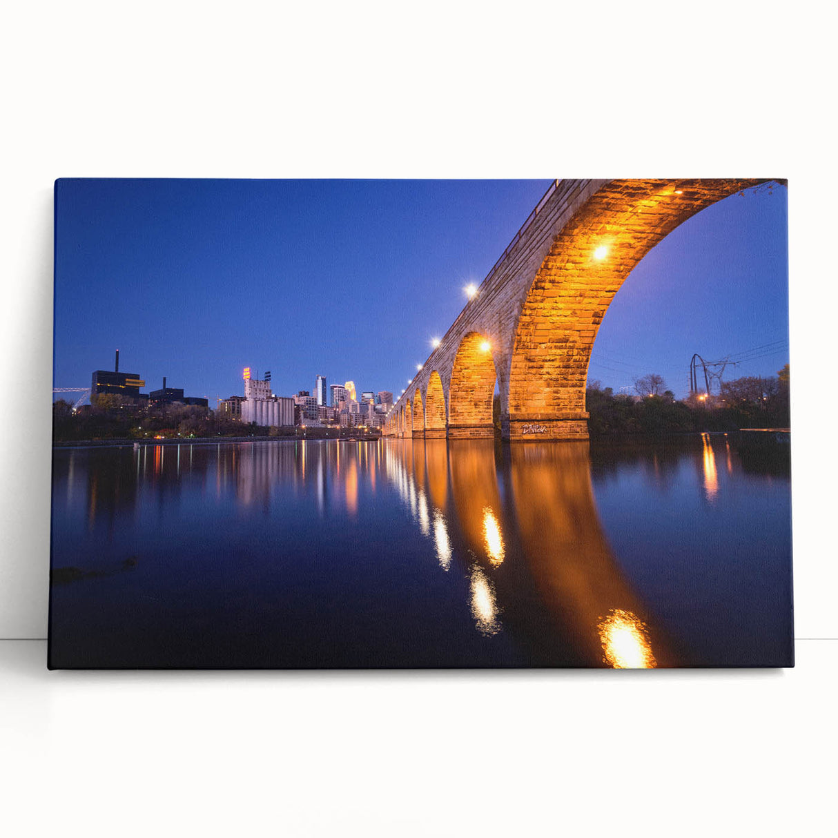 Black and white stretched canvas of Minneapolis skyline, ideal for kitchen wall art or bedroom ambiance.