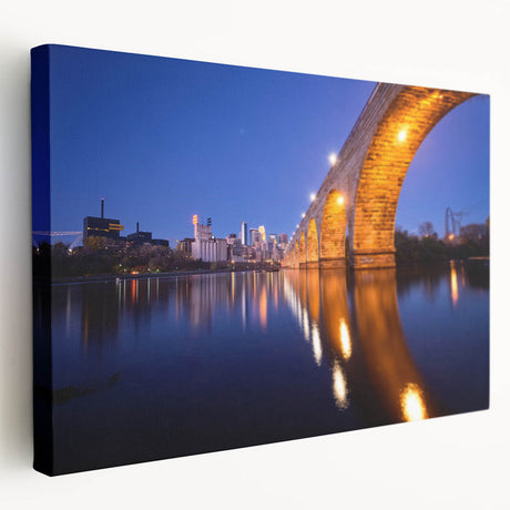 Minneapolis cityscape on stretched canvas with warm sunrise colors, ideal for kitchen wall art.