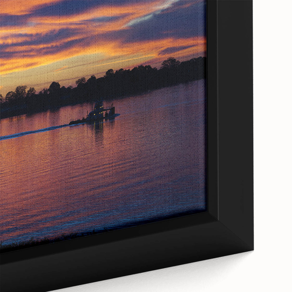Extra large framed canvas featuring a textured depiction of the Mississippi scenery in black with colorful art accents.