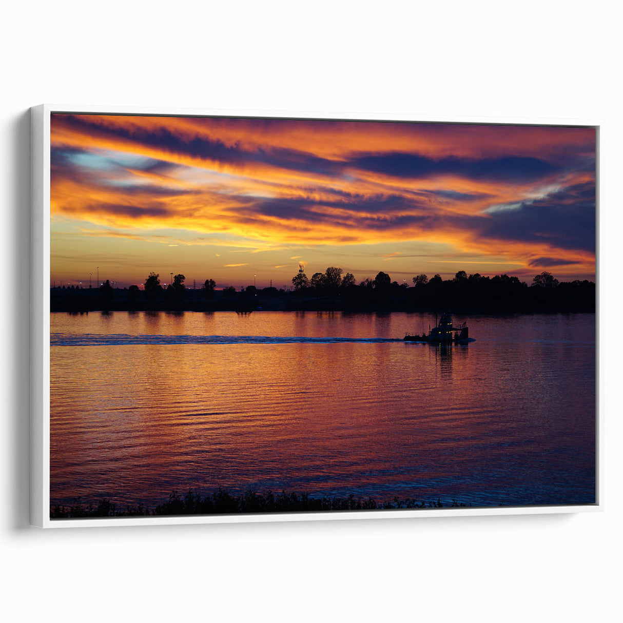 Vintage poster art of Mississippi scenery in colorful hues on a framed canvas, ideal for living room decor.
