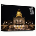 Acrylic print of the Kansas City skyline featuring muted blue and gray tones, suitable for dining room decor.