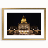 Extra large abstract art print of Kansas City skyline in textured gold frame, displaying muted blue and gray tones.