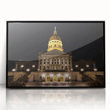 Large abstract wall art depicting the Kansas City skyline in muted gray and blue tones on framed acrylic.