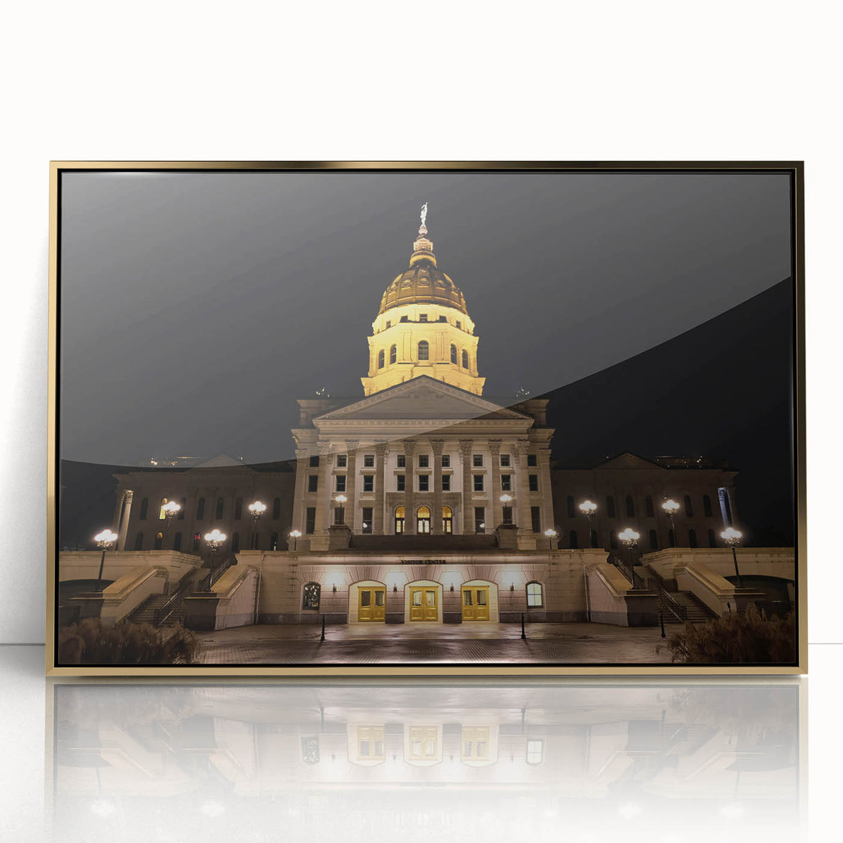 Mid-century modernist art of Kansas City skyline in gold and teal tones, acrylic print framed.