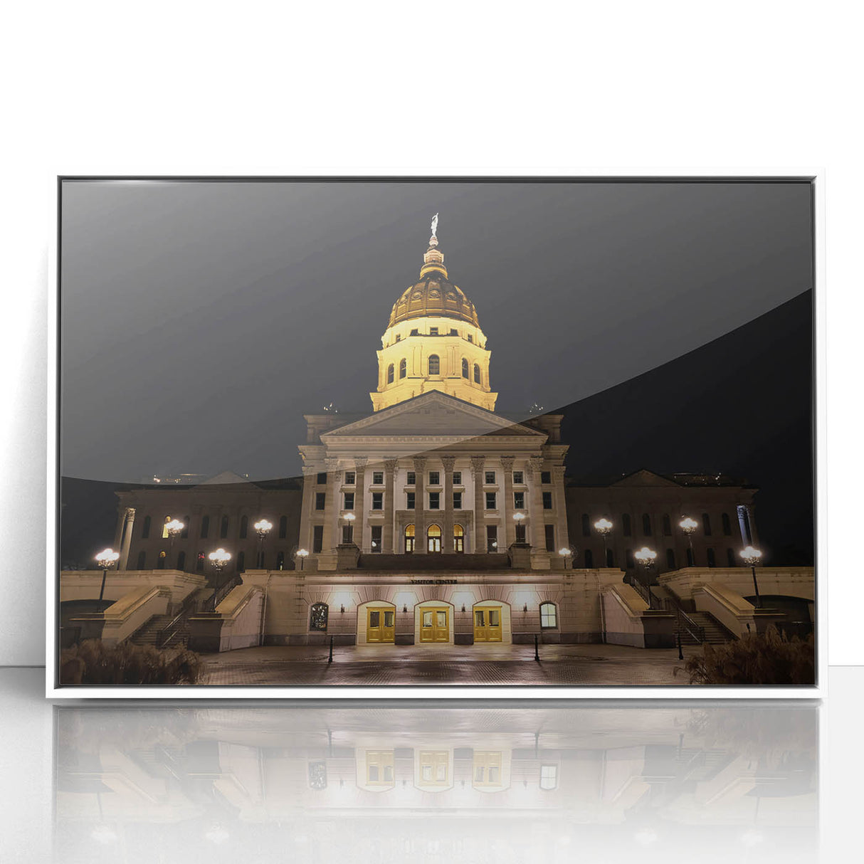 Art deco poster of Kansas City skyline in muted blue tones, framed acrylic, ideal for modern art wall decor.