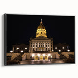 Framed canvas of Kansas City landscape in muted colors, ideal for bedroom wall art.