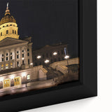 Black wall art featuring a textured, colorful depiction of the Kansas City skyline on a framed canvas.