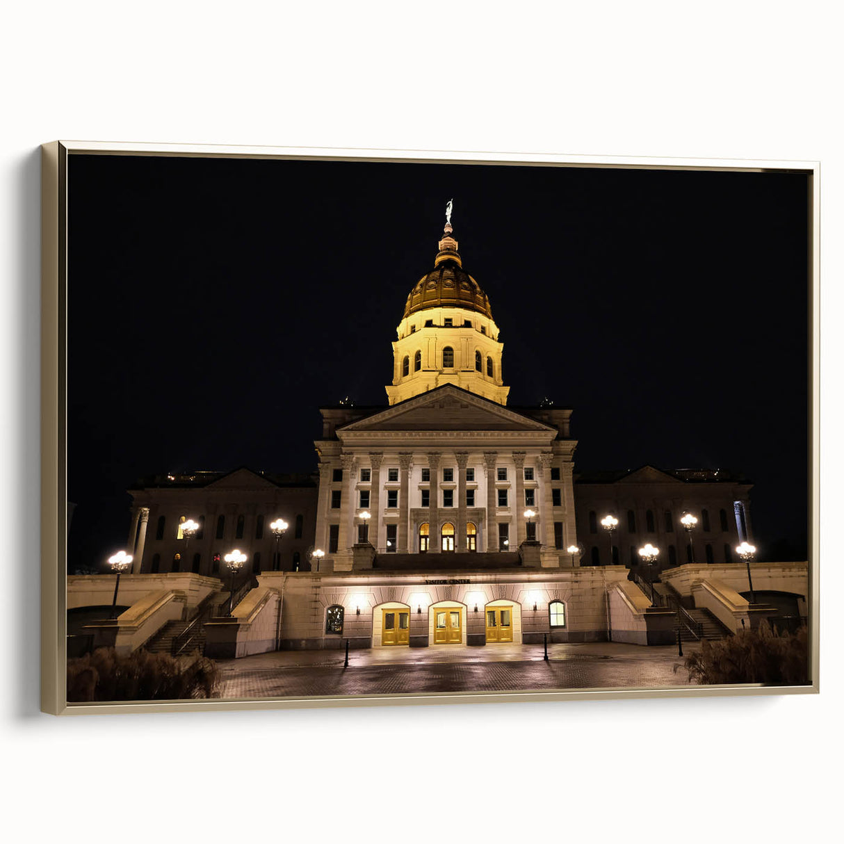 Black and white vintage poster art of Kansas City landscape on framed canvas, suitable for bedroom decor.