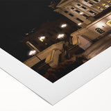 Art deco poster of Kansas City skyline in muted gold and navy tones on rolled canvas, suitable for dining room decor.