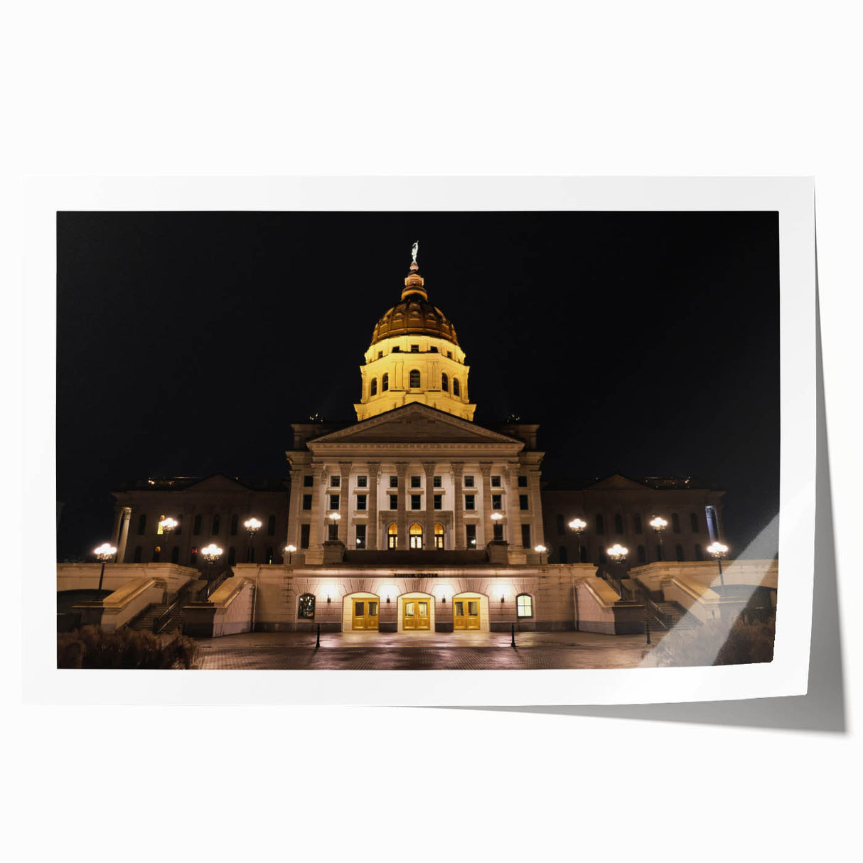 Rolled print of Kansas City skyline with muted gray and blue tones, ideal for art wall dining room.