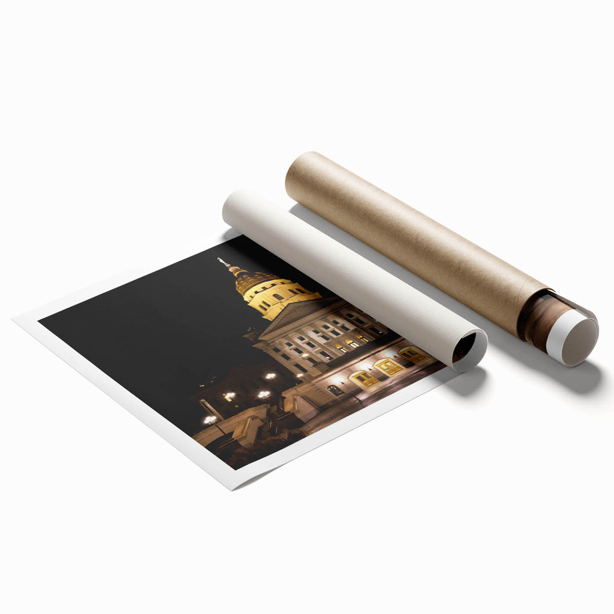 Extra large rolled print of Kansas City skyline in muted blue tones, suitable for classy bathroom wall art.