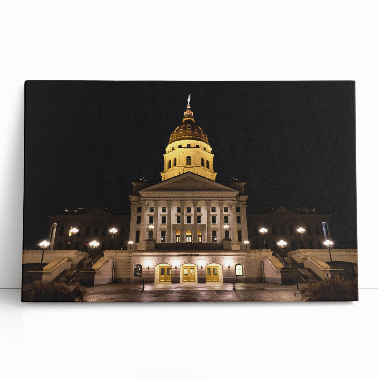Black and white image of Kansas City skyline on large stretched canvas, suitable as kitchen wall art or for a bedroom.