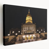 Kansas City skyline depicted in vibrant twilight hues on a large stretched canvas, ideal for kitchen wall art.