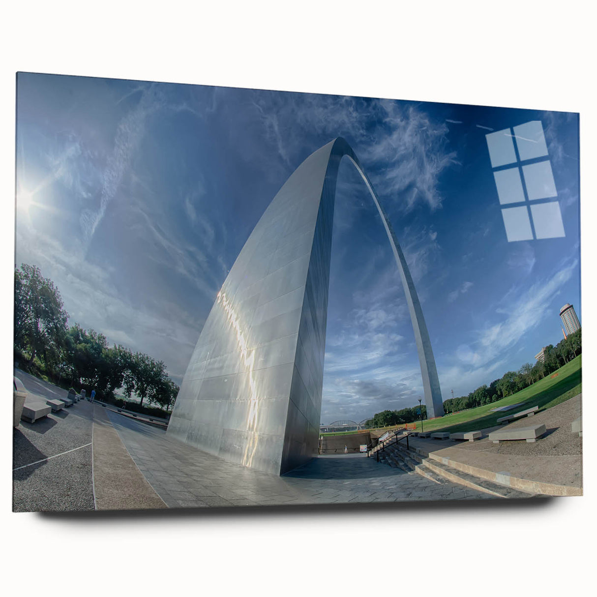Acrylic print of St. Louis skyline in muted gray and blue tones, suitable for bedroom or dining room art.