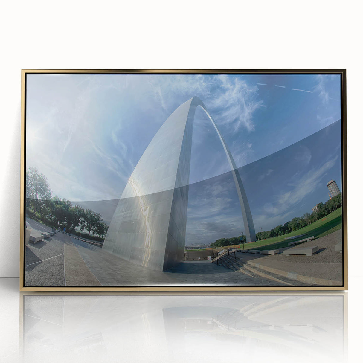Mid-century modernist art of St. Louis skyline in gold and blue tones on framed acrylic, suitable for modern art wall decor.