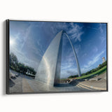 Black and white framed canvas of St. Louis skyline, featuring vintage poster art style, ideal for bedroom wall decor.
