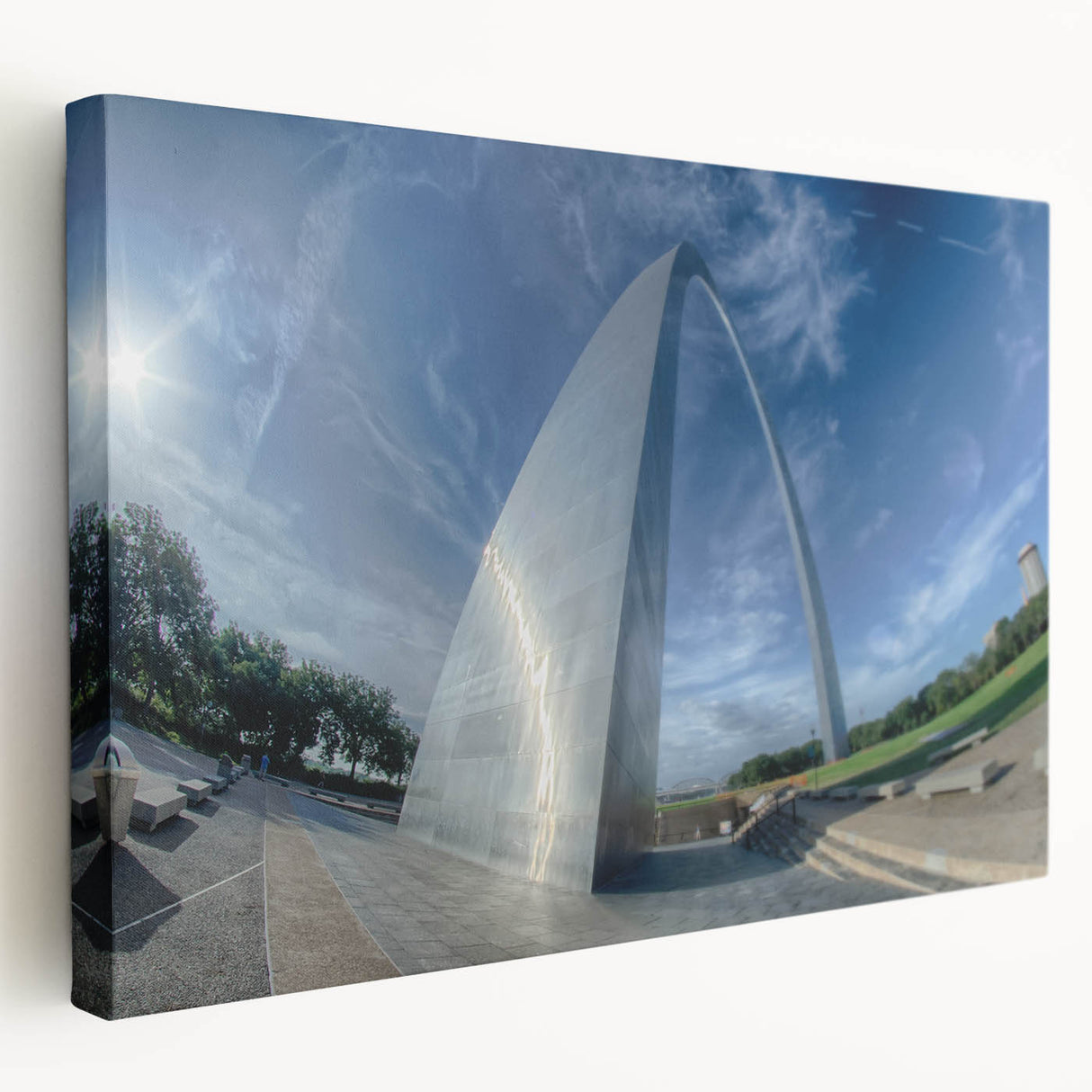 Stretched canvas of St. Louis skyline in muted blue and gray tones, ideal for kitchen wall art.