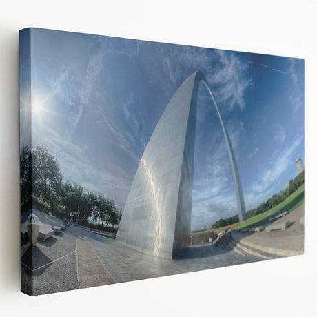 Stretched canvas of St. Louis skyline in muted blue and gray tones, ideal for kitchen wall art.