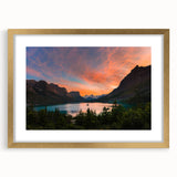 Abstract art print of Montana's Glacier landscape in textured gold frame, ideal for extra large living room wall art.