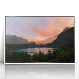 Art deco poster of Montana Glacier scene in muted blue and white tones, framed acrylic, suitable for modern nursery decor.