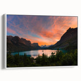Vintage poster art of Glacier National Park with colorful scenery on a white framed canvas, ideal for living room decor.