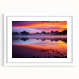 Abstract art print of a Montana scenery in muted earth tones on a framed white mat, suitable for dining room decor.