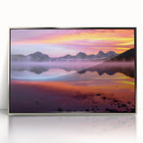 Mid-century modernist art depicting Montana scenery in muted earth tones on a silver-framed acrylic print.