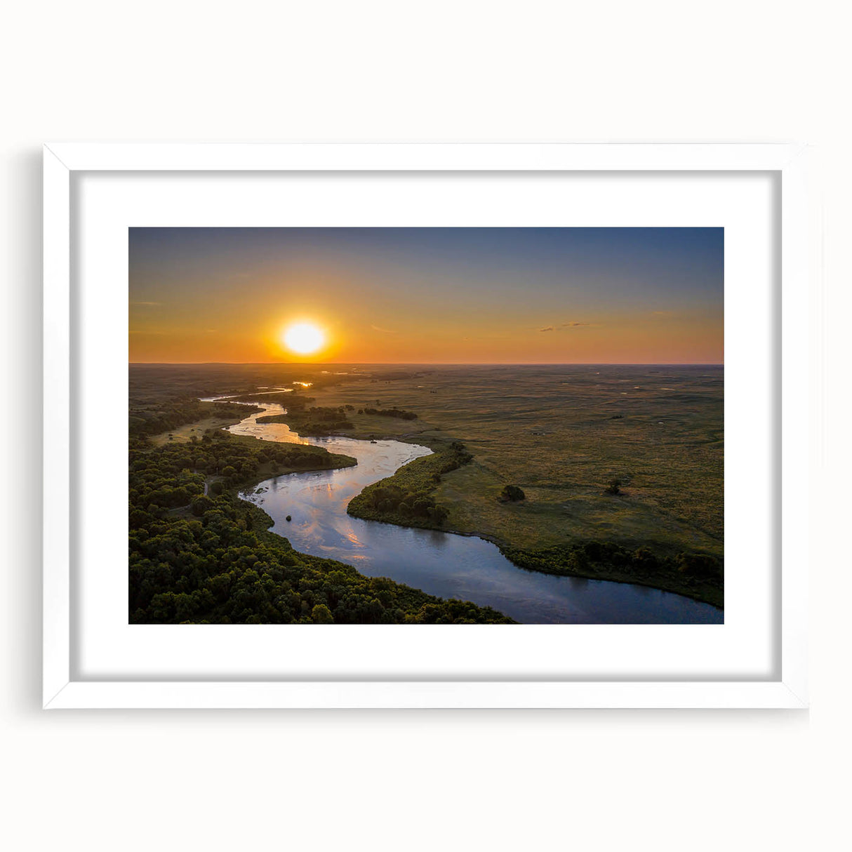 Abstract art print of Nebraska scenery in muted earth tones on a white-framed canvas, ideal for dining room decor.