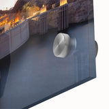 Mid-century modernist large abstract art print of Hoover Dam in muted earth tones on acrylic glass.