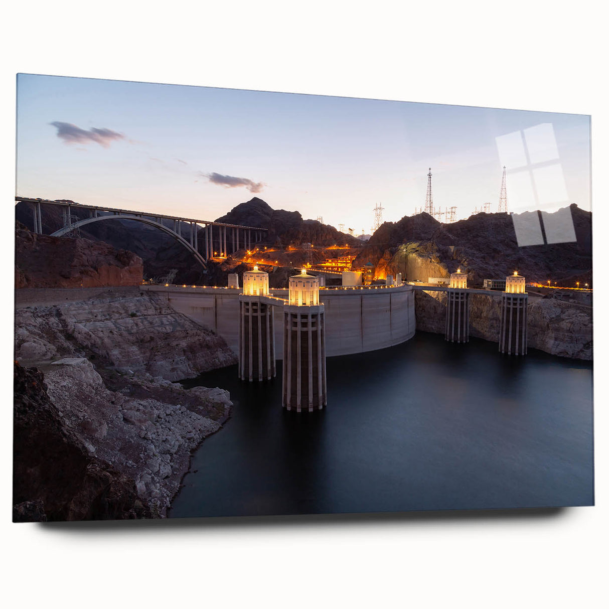 Acrylic print of Hoover Dam in muted earth tones, ideal for modern bedroom or dining room decor.