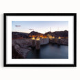 Abstract art print of Hoover Dam in colorful textured style, framed in black, ideal for living room decor.