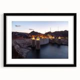 Abstract art print of Hoover Dam in colorful textured style, framed in black, ideal for living room decor.