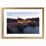 Extra large abstract art print of Hoover Dam in textured gray and blue tones, framed in gold, ideal for living room decor.