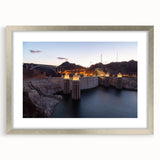 Textured art print of Hoover Dam in abstract style, featuring muted earth tones on a silver-framed mat.