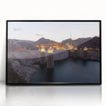 Large abstract wall art of Hoover Dam in muted gray and blue tones, framed acrylic, ideal for modern office decor.