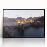 Large abstract wall art of Hoover Dam in muted gray and blue tones, framed acrylic, ideal for modern office decor.