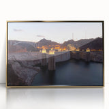 Framed acrylic print of Hoover Dam in gold and blue tones, ideal for modern art wall decor.