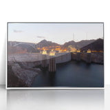 Framed acrylic print of Hoover Dam in muted gray tones, ideal for modern art wall decor in a study.