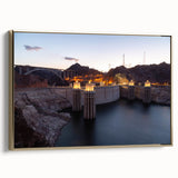Framed canvas of Hoover Dam in a vintage poster style with black and gold tones, suitable for bedroom wall art.