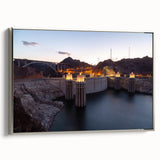 Framed canvas landscape art painting of Hoover Dam in muted grayscale with vibrant blue accents, ideal for office decor.