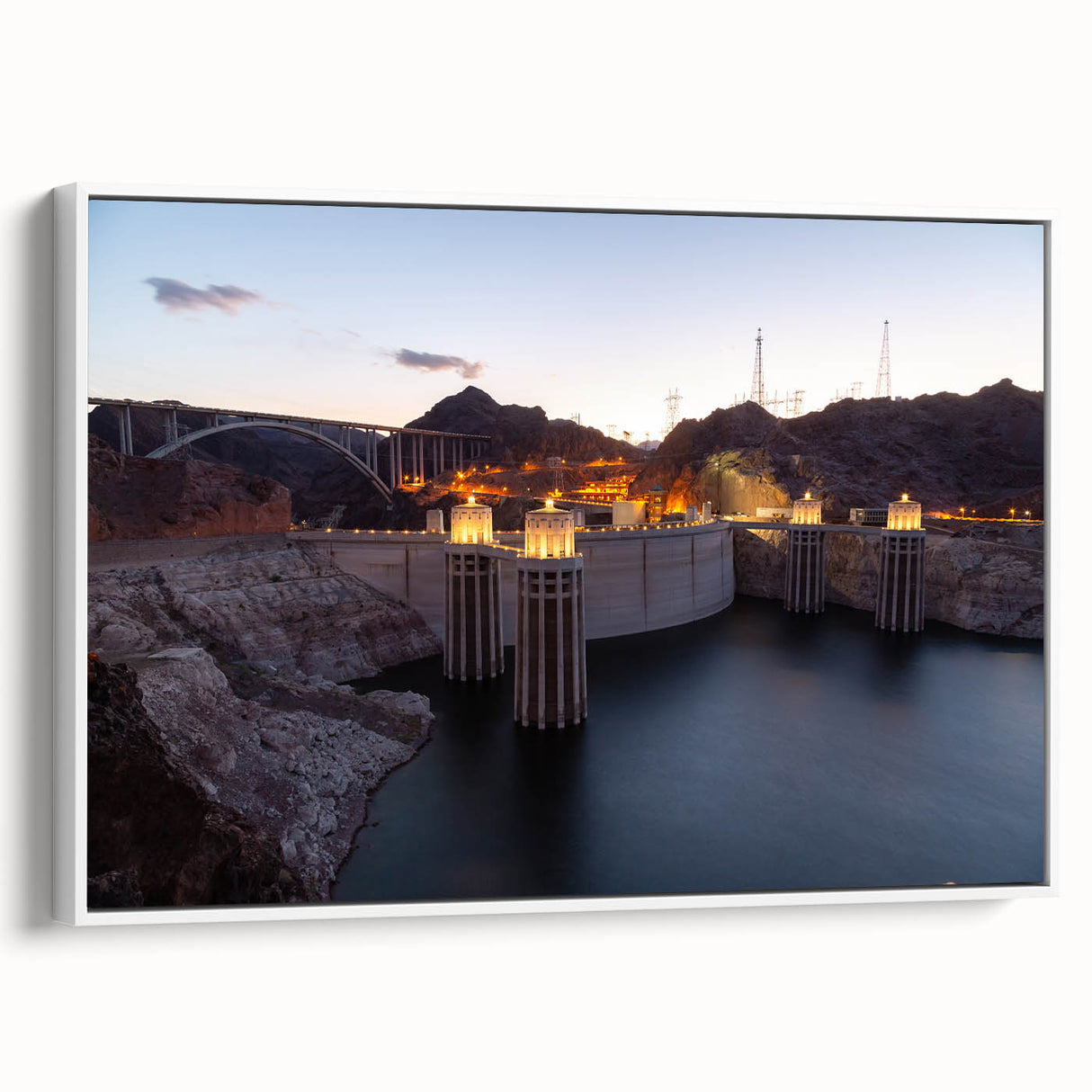 Vintage poster art of Hoover Dam in colorful tones on white framed canvas, ideal for living room decor.