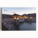 Black and white photograph of Hoover Dam on stretched canvas, ideal for kitchen wall art.