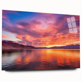 Large abstract wall art of Lake Mead in muted blue and green tones on acrylic glass.